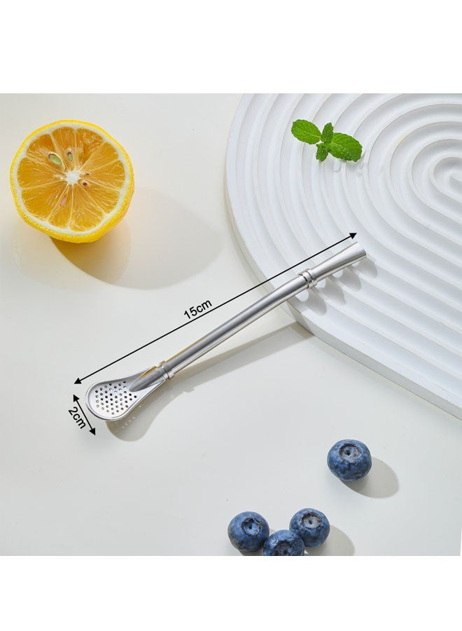 Yerba Mate Straws, 4 Pcs Reusable Tea Coffee Cocktail Stainless Steel Bent Smooth Flow Drinking Stir Filter Spoon Straws with Cleaning Brush (silver) - Image 2